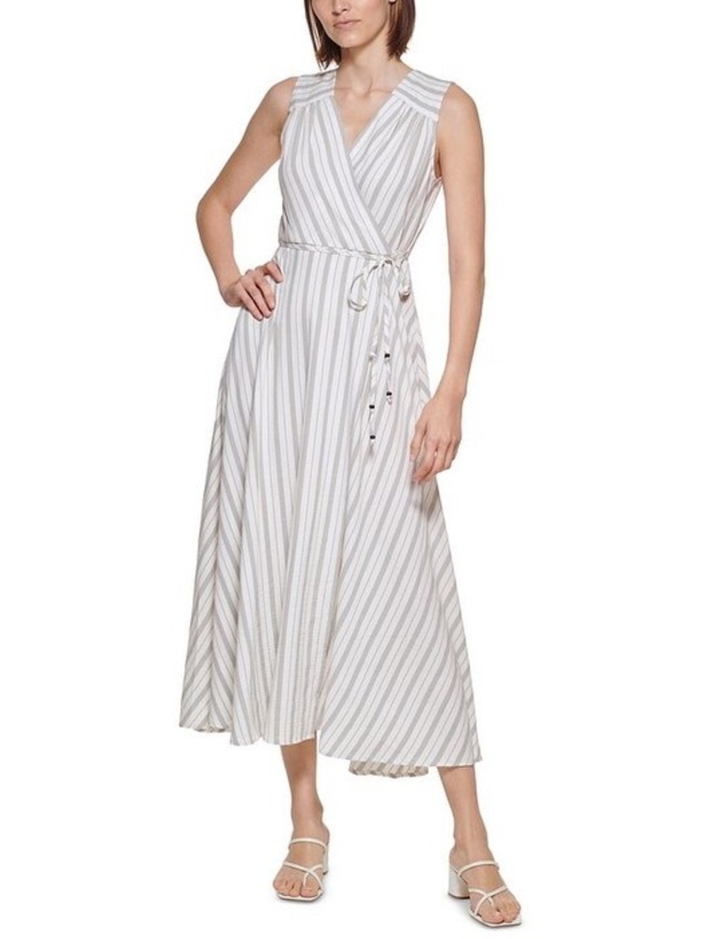 Calvin Klein faux wrap maxi gray stripe sz 8 A-line